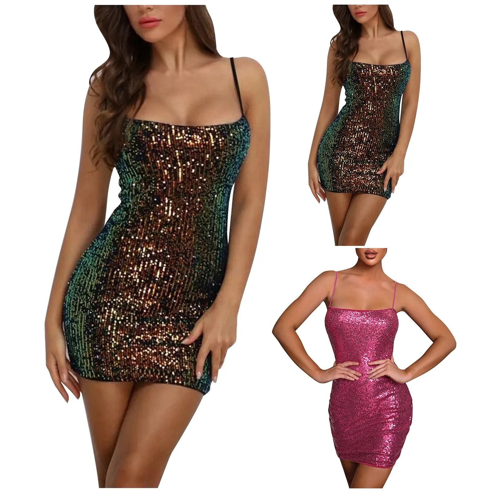 

Women's Sexy Solid Color Sling Sequin Spaghetti Strap Nightclub Dress Fashion Slimming Tight Package Hip Party Mini Dress