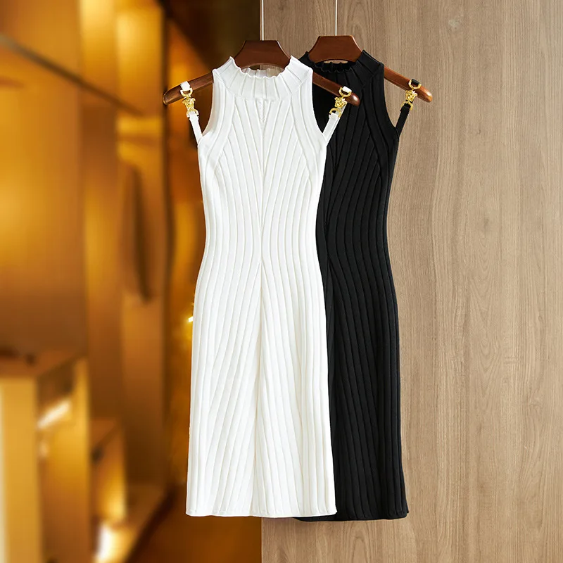 

Waistband Suspended Knitted Dress Women's, Round Neck Sleeveless Sexy Off Shoulder Midlength Dress With Fashion Dress Inside