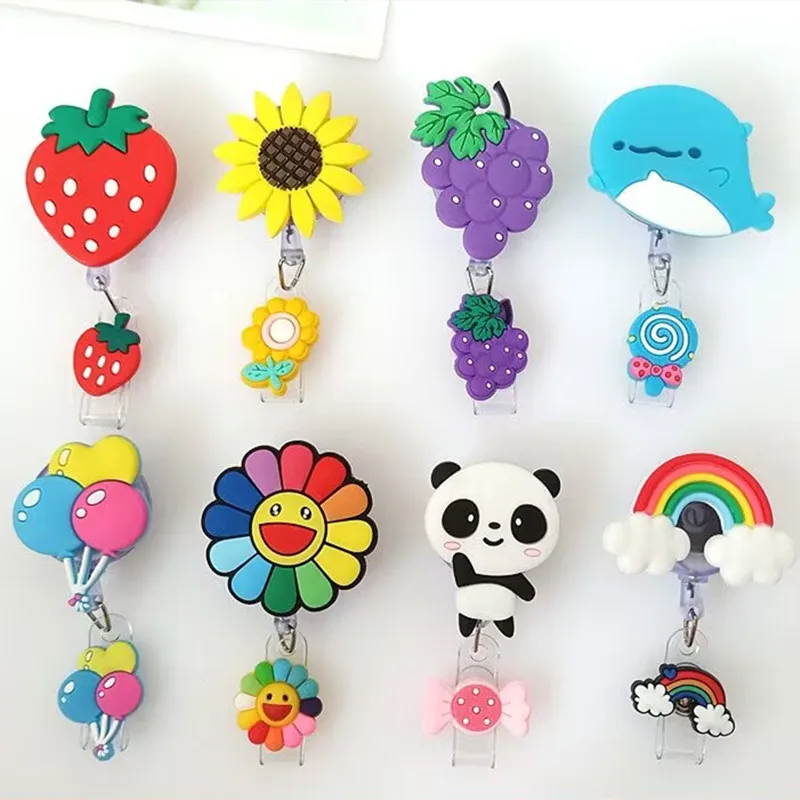 Retractable Badge Reel 1 Piece Soft Silicone Anime Flowers Rainbow Panda Cat Paw ID Card Holder Lanyard