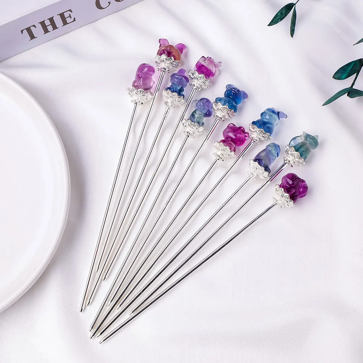 1pc Natural Gemstone Colorful Fluorite Cartoon Animal Sculptures Hairpin Crystal Barrettes Headwear Hair Accessories