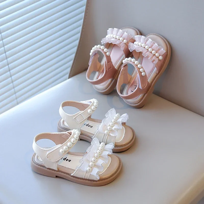 Girls Summer Sandals Kids Beach Shoes with Pearls and Lace