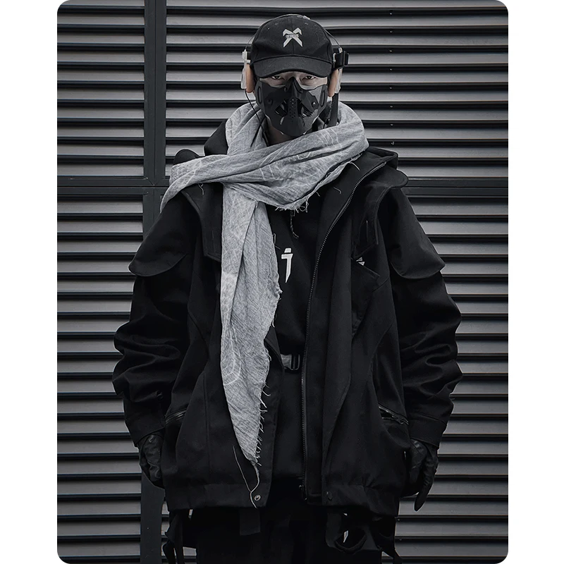 Unisex High Street Functional Cargo Jacket Techwear Fake two-piece Tactical Windbreaker Coats Streetwear Men's clothing Oversize 3