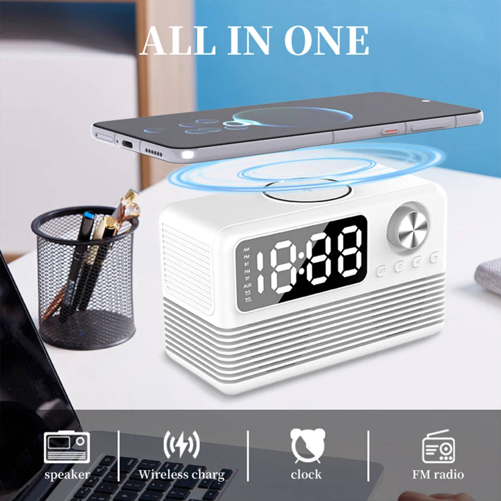 Muti-Function Bluetooth Music Speaker With 15w Wireless Fast Charge Real Time Dual Alarm Clock + FM radio USB External Charging