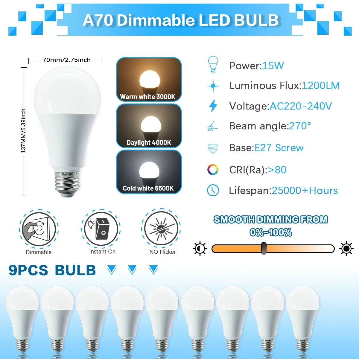 ตัวเลือกสินค้า หลอดไฟ LED ปรับแสงได้ 1-10 ชิ้น ขั้ว E27 รุ่น A70 ความสว่างสูง 15W 1200LM 3000K/4000K/6000K แสงเย็น ปราศจากการกระพริบ เหมาะสำหรับใช้ในบ้าน
