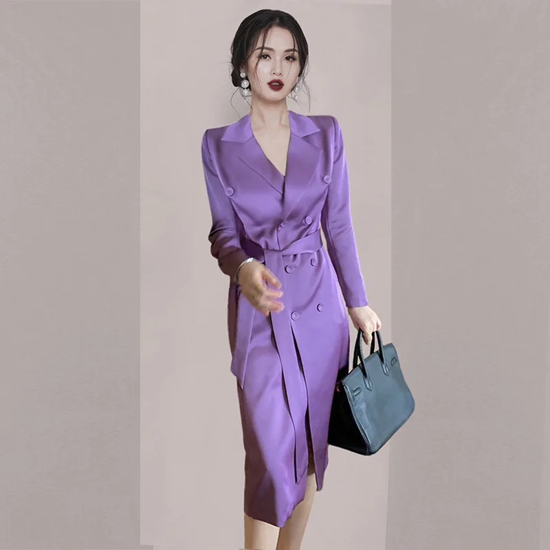 

2023 Autumn And Spring Women's Professional Temperament Suit Purple New Long-sleeved V-neck Lace-up Dress