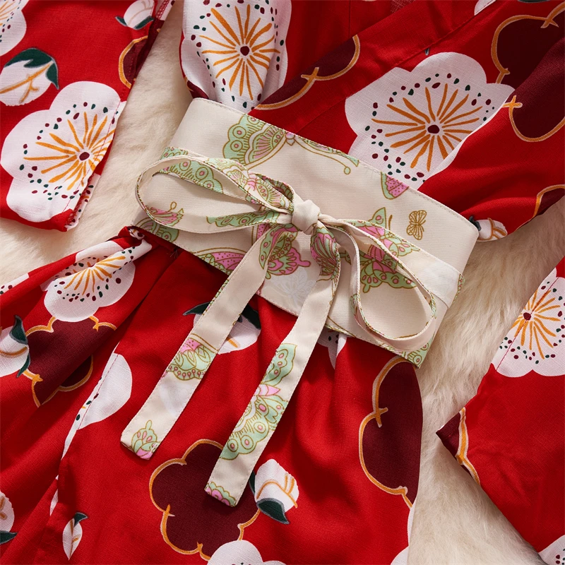 V-neck Red Japanese kimono Cardigan Outfit Women Clothing Print  See-through Lace-up Dress Sexy Lingerie Thin Tunic Loose Sleeve