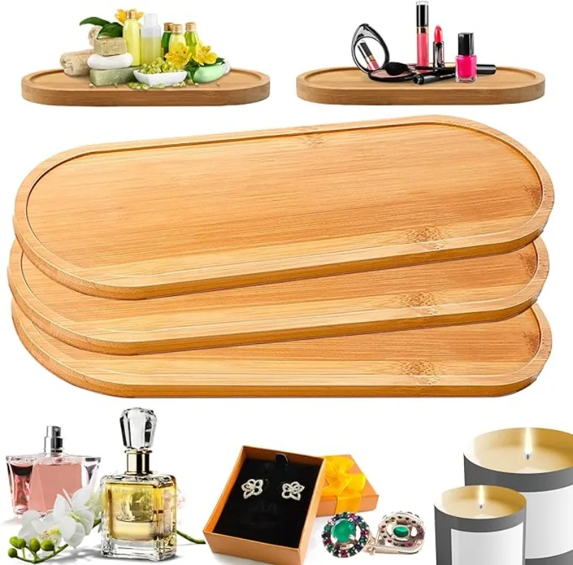 20Pcs Bamboo Serving Tray Oval Edge Wooden Bathroom Tray Bathroom Trays for Dresser Food Counter Coffee Tea Snack Tissues