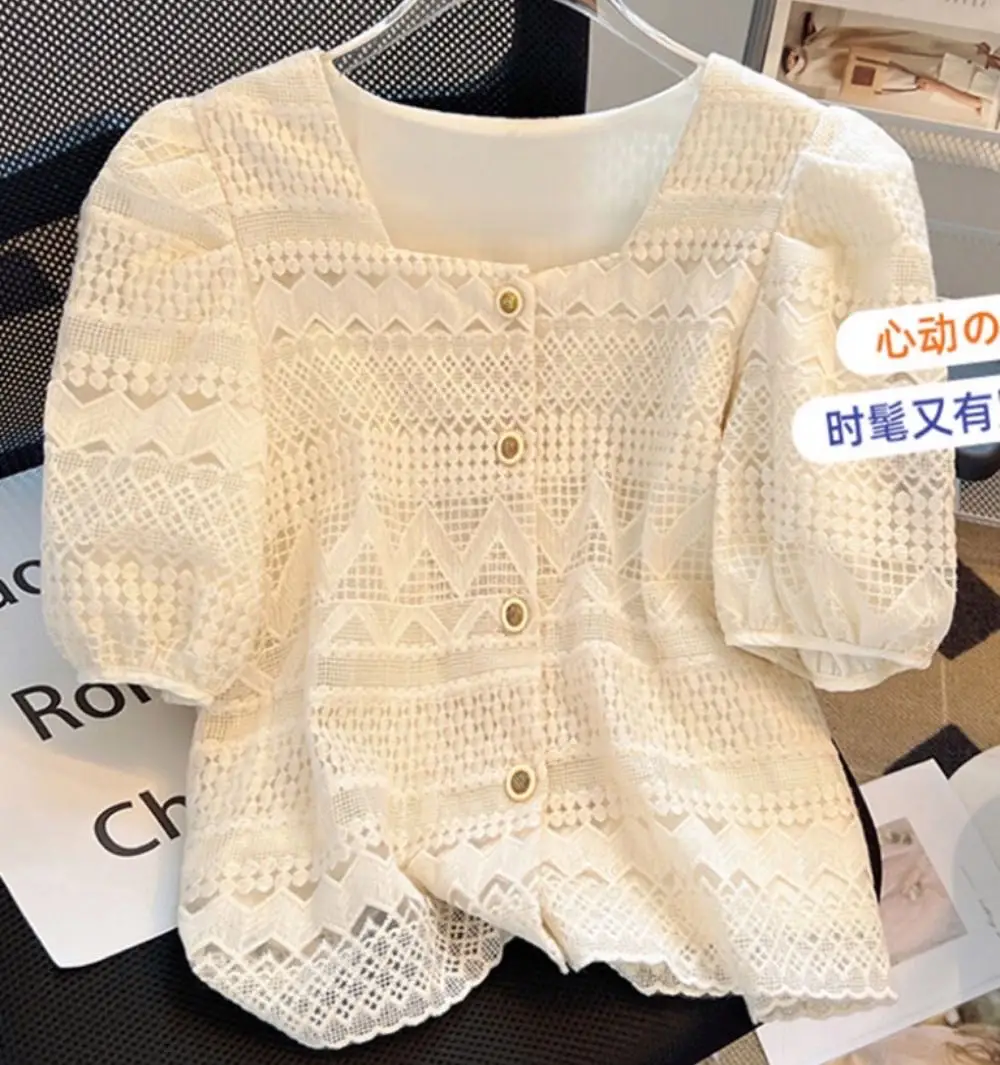

Hollow Lace Shirt Women's Summer Bubble Short Sleeve Blouse Top 2023 Summer