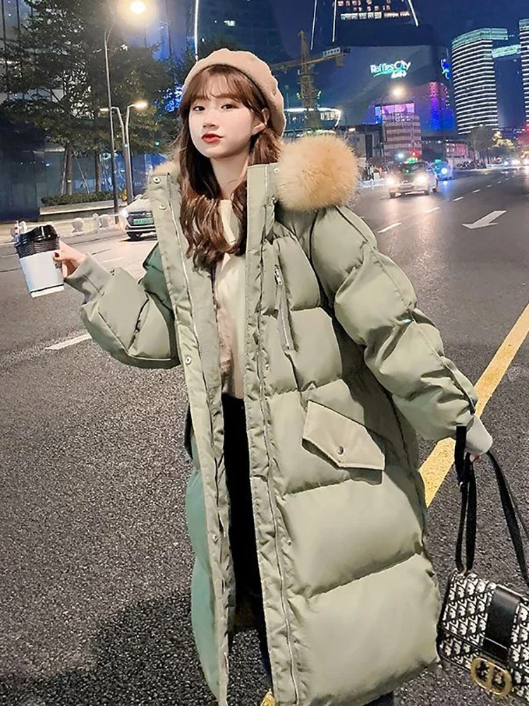 

TAFN Women's Winter Long Down Cotton Jacket Korean Stye Large Fur Collar Hooded Thick Parkas Warm Loose Clothing Women Coat 2023