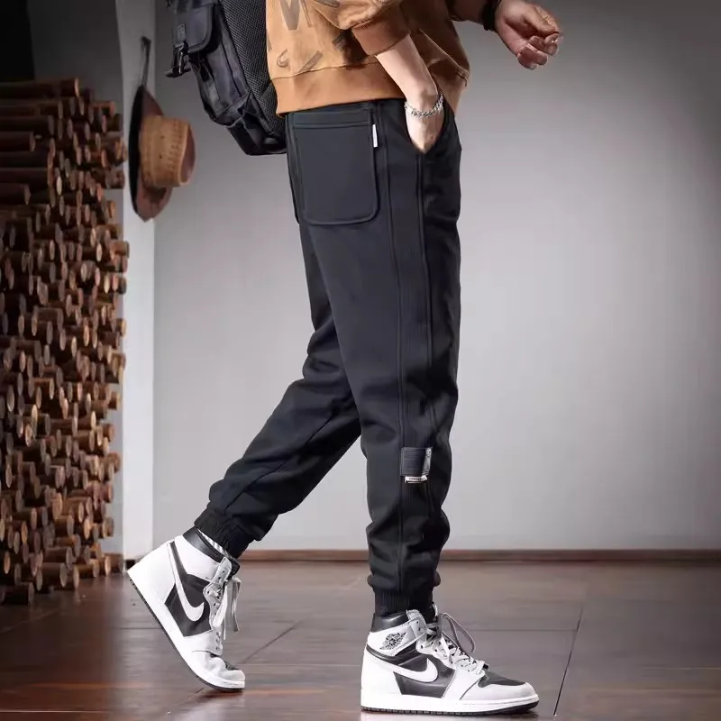 Autumn Black Elastic Sports Pants Men Fashion Casual Baggy Drawstring Jogging Trousers