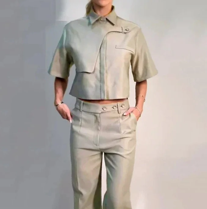 Conjunto 2 Piezas Para Mujeres Camisa De Botones Y Pantalones