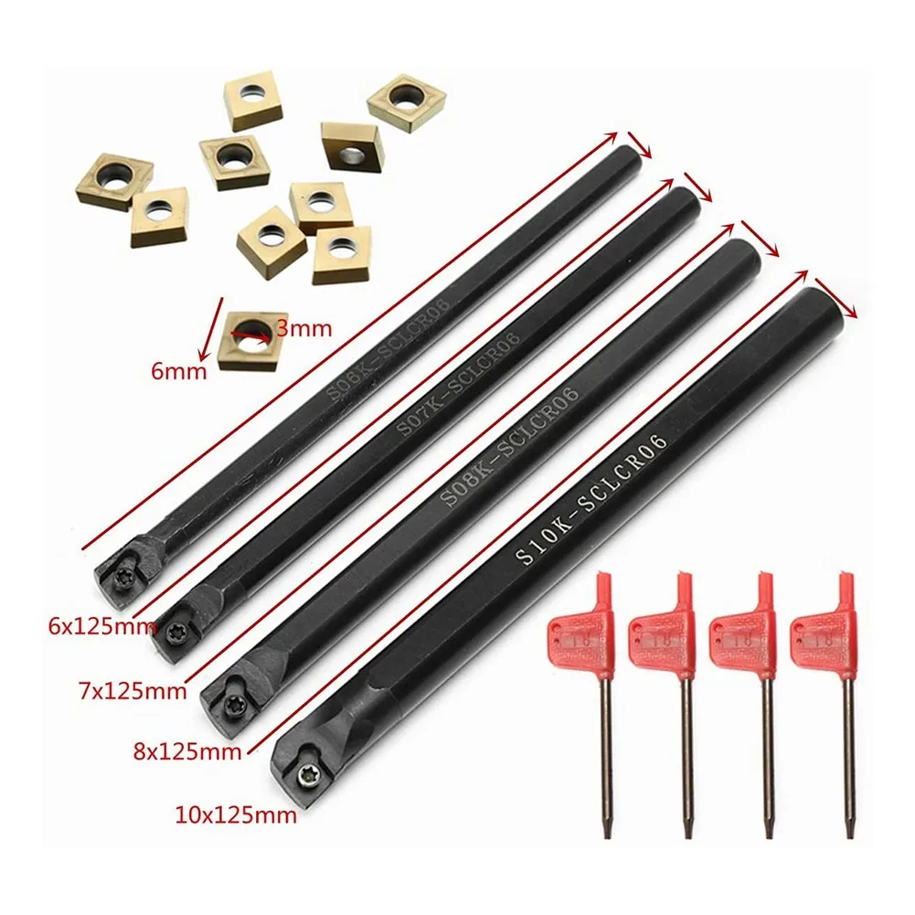 Lathe Turning Tool Holder Boring Bar Tools Lathe Cutter Metal Turning Rod Holders 6/7/8/10mm SCLCR06 Shank 10pcs Inserts
