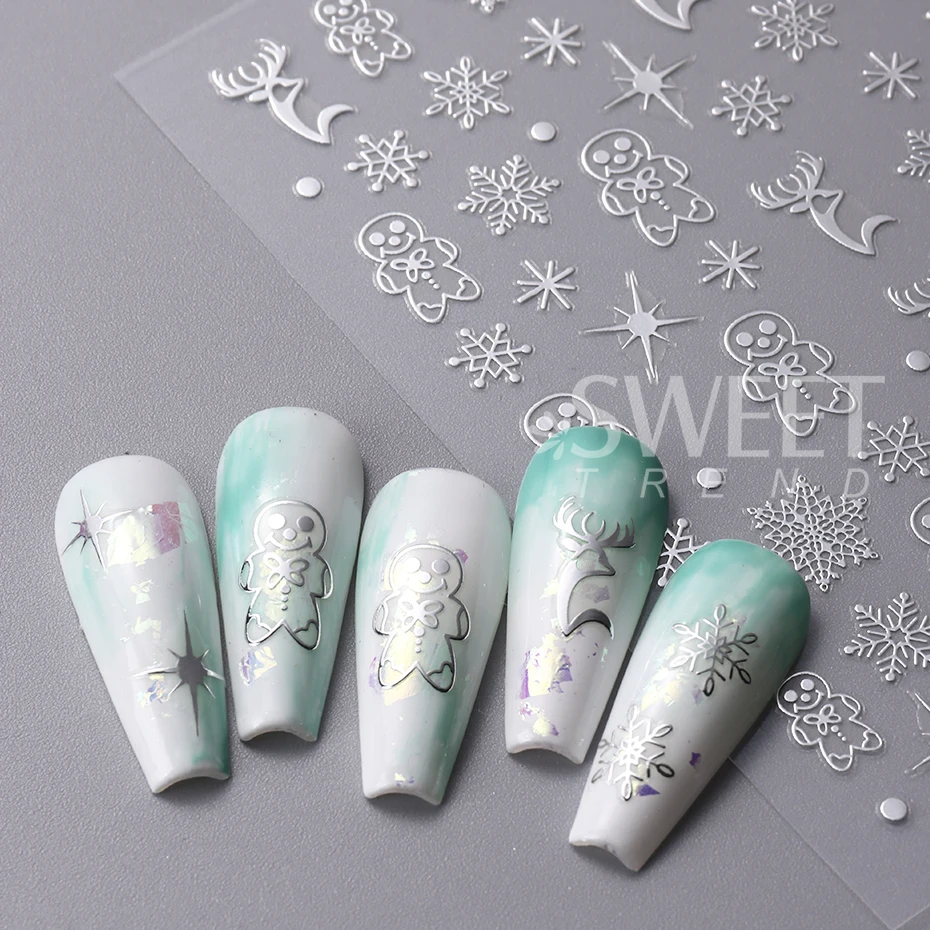 3pcs Christmas Nail Stickers Rose Gold Silver Snowflakes Reindeer Gingerbread Self-adhesive Decals Manicure Decoration Slider
