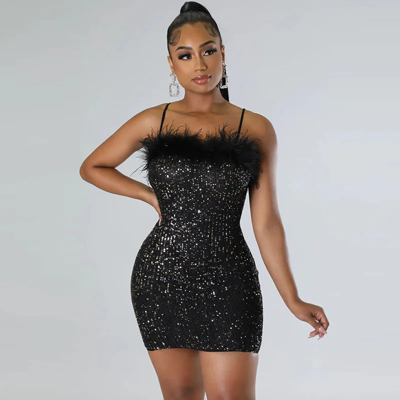 

Elegant Midnight Feathers Glitter Sequin Mini Dress Women Spaghetti Straps Strapless Birthday Dress Backless Party Evening Dress