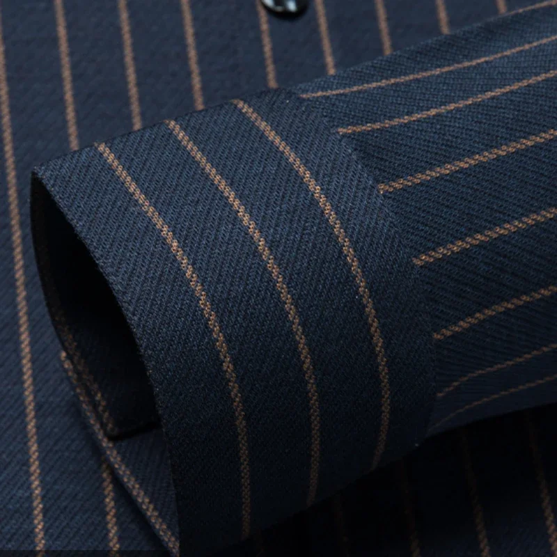 Seamless Wool Spring Autumn Men's Dress Shirts Luxury Striped Long Sleeve Business Casual Single Breasted Male Shirts 4XL
