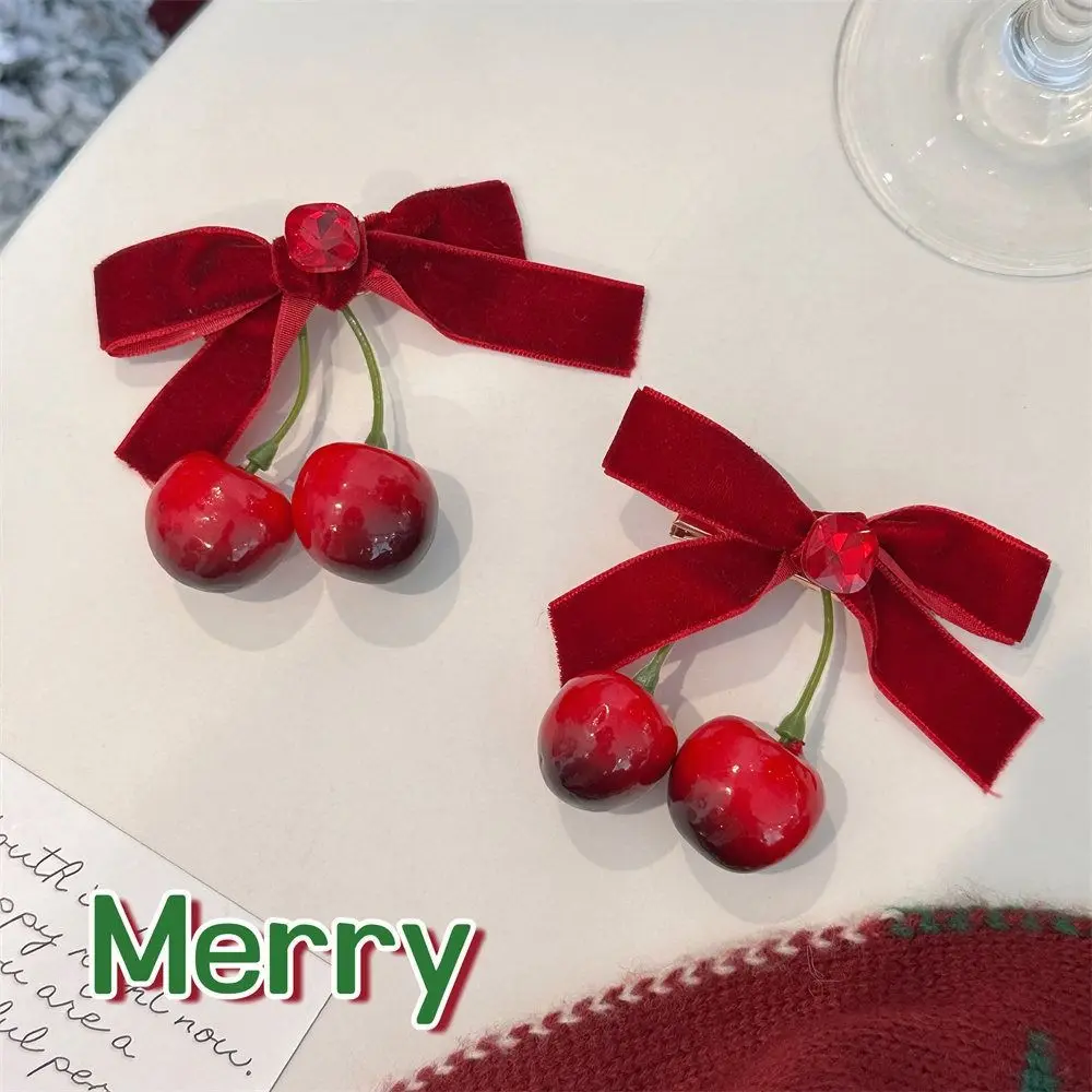 Red Velvet Cherry Hairpin Sweet Side Clip Cloth Velvet Bow Hair Clip Bowknot Korean Style Headwear