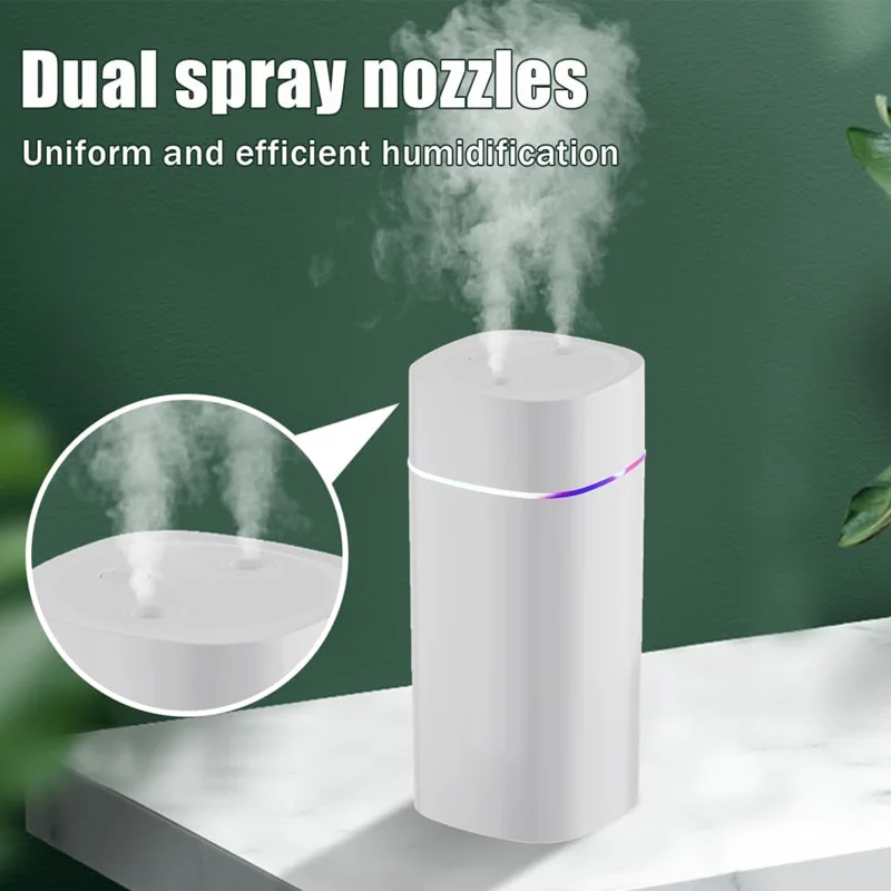 600ml Wireless USB Mini Aroma Humidifier with Dual Nozzle and Silent Cool Mist, featuring Water Shortage Protection