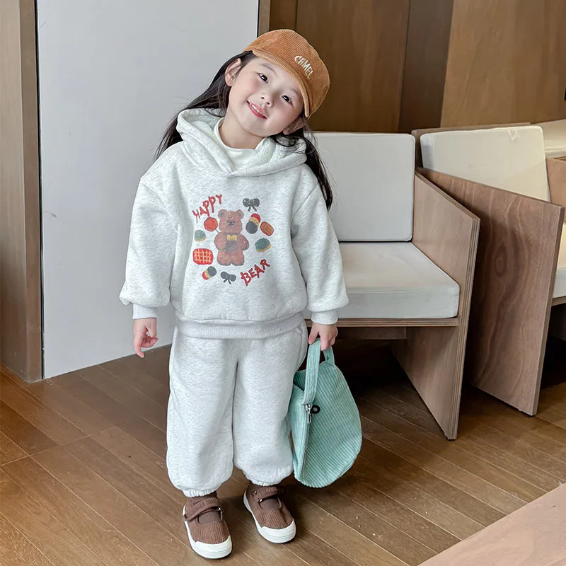 

Children's Winter Clothing Set Kids Camel Fleece Warm Sportsuits Girls' Plush Hooded Sweatershirt+Thickened Pant Outfits