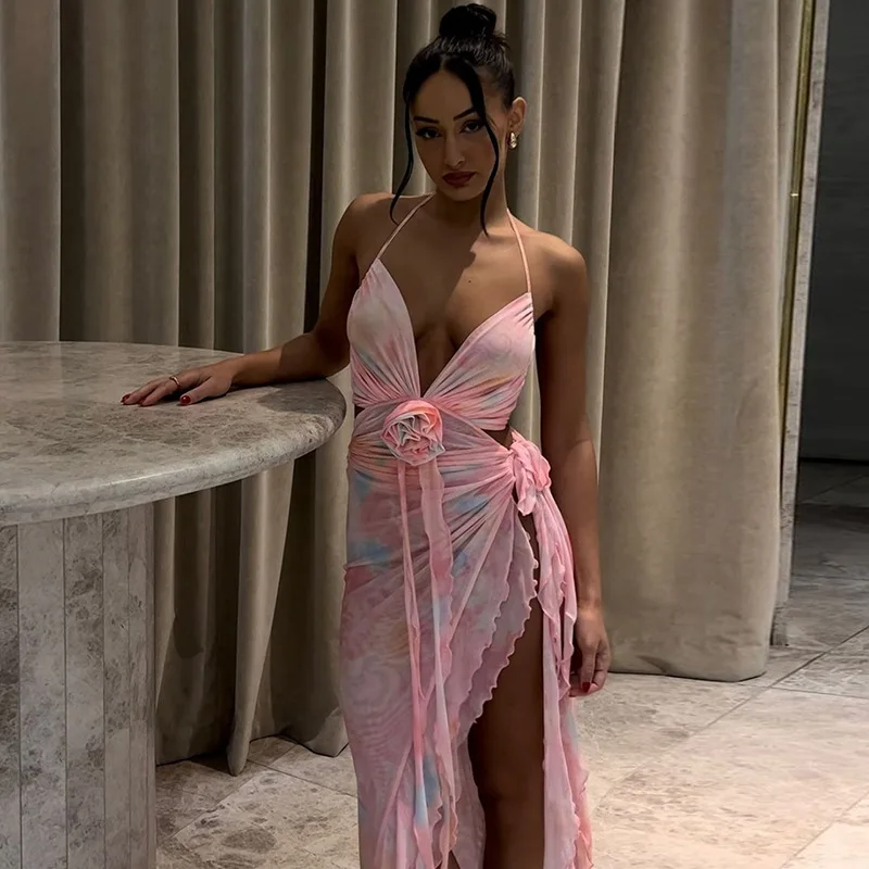 Sexy Printed Mesh Long Dress Women Lace-Up Floral Backless Hollow Out Ruffled Fashion Bandage Dress Women's Dress Summer