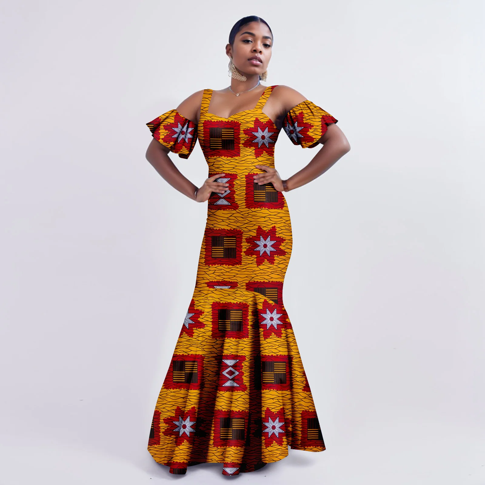 

Afripride African Style Women's Dress Dashiki Ankara Halter Ruffle Sleeve Strapless Sexy Long Dresses A2325058