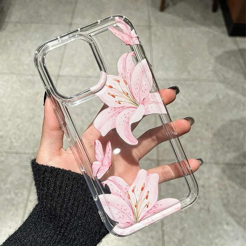 For iPhone 17 16 15 14 13 12 11 Pro Max Case Ins Style Transparent Flower Pattern Phone Cover For iPhone 16e XS X 7 8 Plus Funda