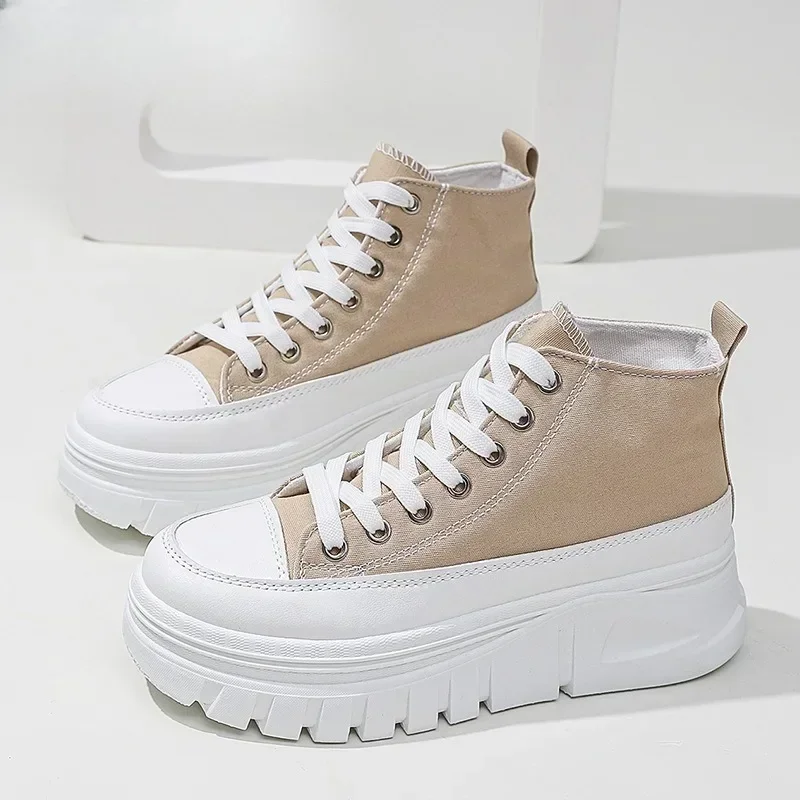 Women's Casual Height Increased Shoes Solid Color Versatile Canvas Shoes High Top Lace Up Flats Comfortable Breathable Female 4