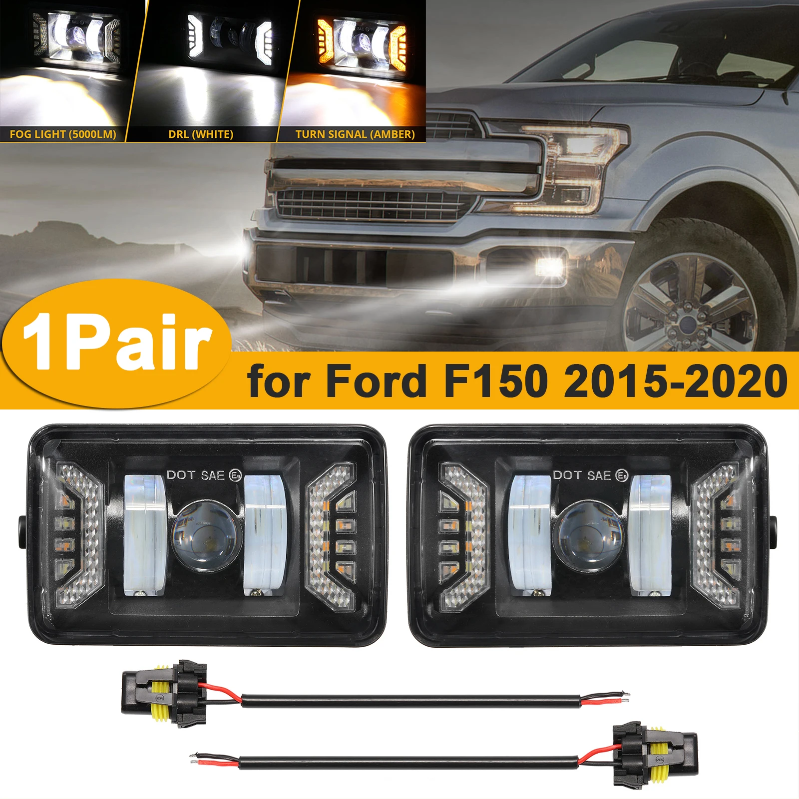 

1 Pair Car LED Fog Lights Assembly Turn Signals Day Time Running Lights Lamps for Ford F150 2015-2020