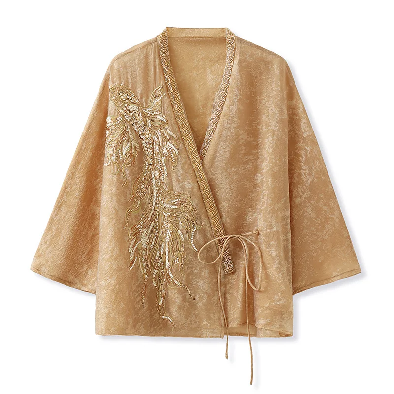Gold Chinese Style Coats Women Rayon Tang Clothes Loose Kimono Cardigan Luxury Sequins Embroider Hanfu Top Lady Outwear