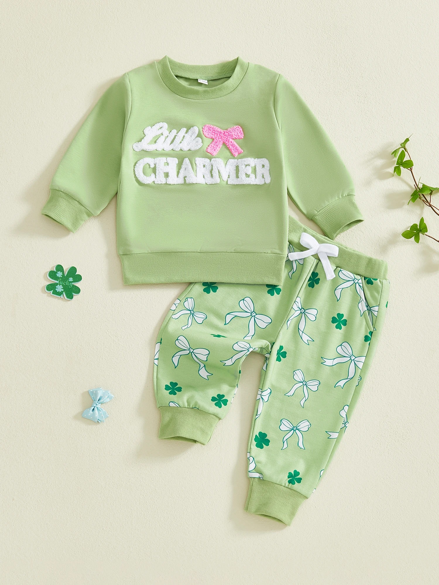Girls St Patrick s Day Outfit Long Sleeve O Neck Top with Bow Embroidery and Clover Print Pants Set