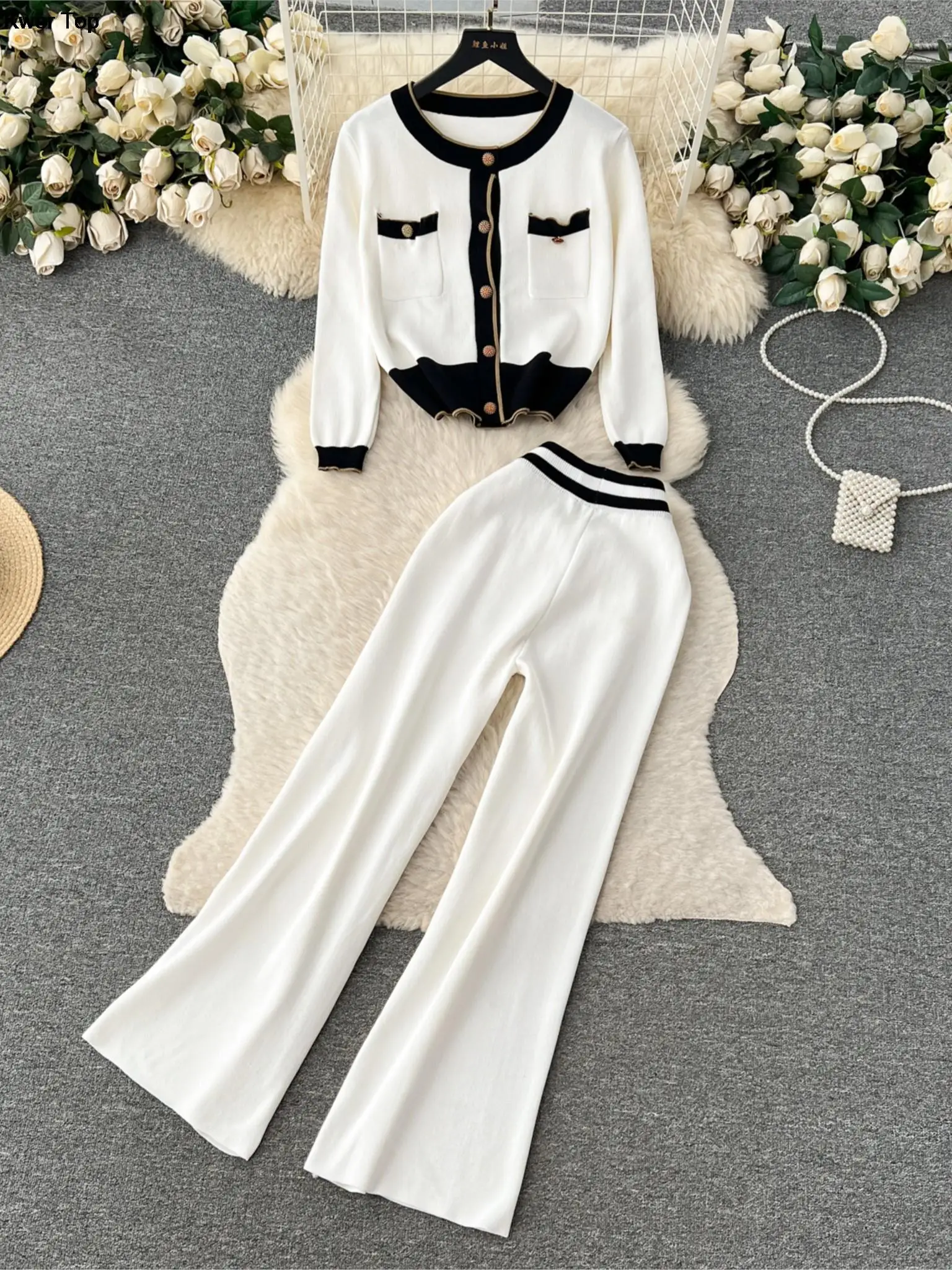 

Женский брючный костюм с высокой талией, элегантный однобортный трикотажный кардиган с белыми брюками, одежда в Корейском стиле на осень