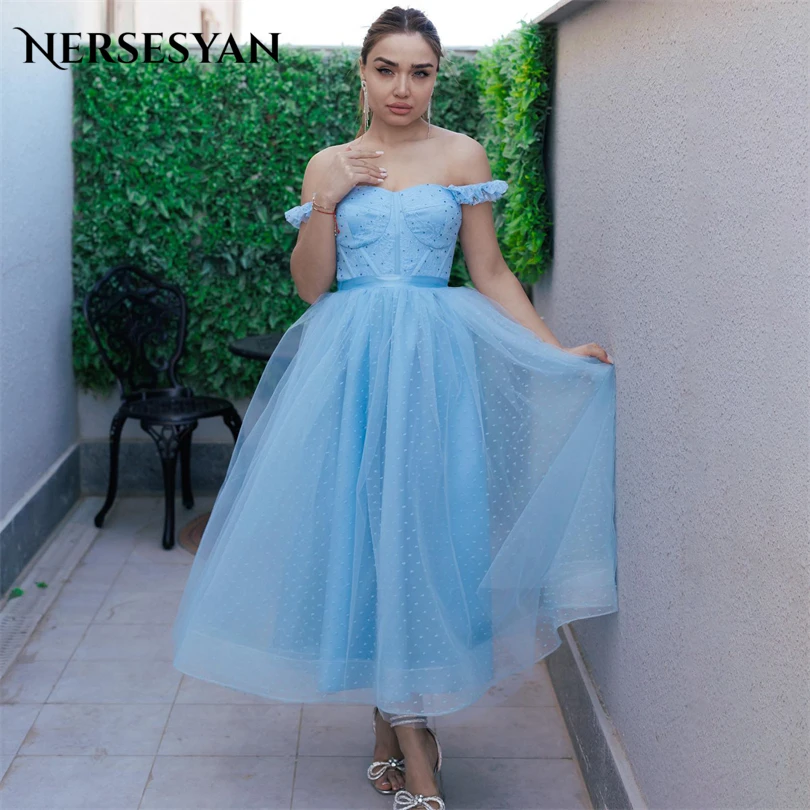 

Nersesyan Sky Blue A Line Formal Party Dresses Tulle Off The Shoulder Strapless Evening Gowns Ankle-Length Draped 2023 Prom Gown
