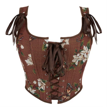 Elegant Brown Retro Corset Crop Tops Vest Women Floral Print Side Zipper Bustier Camis Gothic Corselet Party Sexy Clothing
