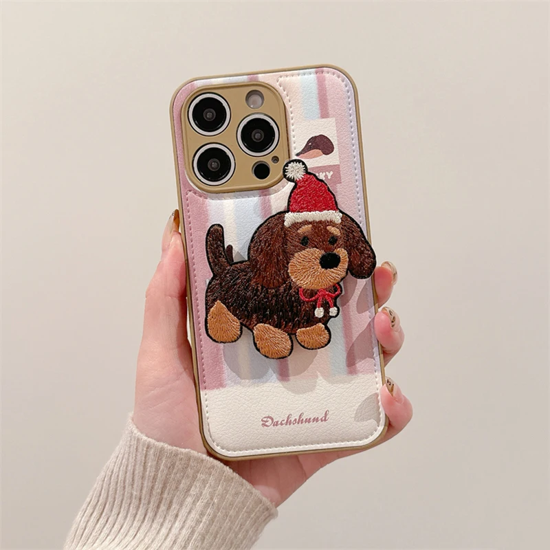 Embroidered Lucky Puppy Dog Folding Bracket Back Cover Case For iPhone 16 15 13 14 Pro Max