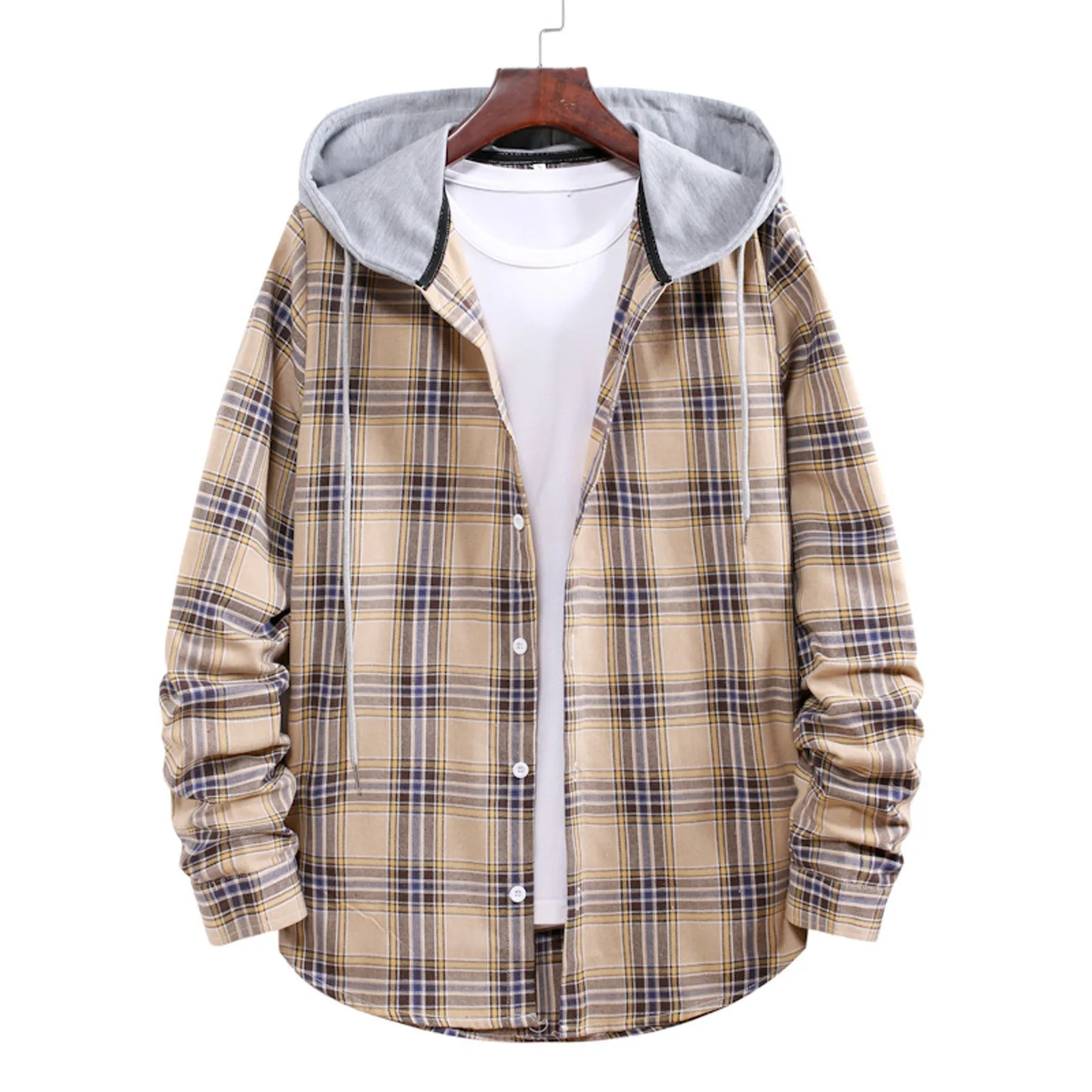 

Men Casual Plaid Shirt Hooded Oversized Casual Men'S Clothes European American Style Handsome Holiday Checked Shirts