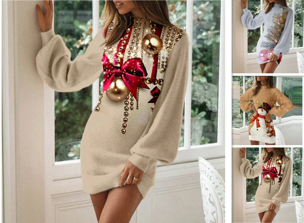 Christmas Party Dress Women Fashion Stand Collar Lantern Long Sleeve Mini Dresses Ladies Bodycon Vestidos Cute Printed Dress