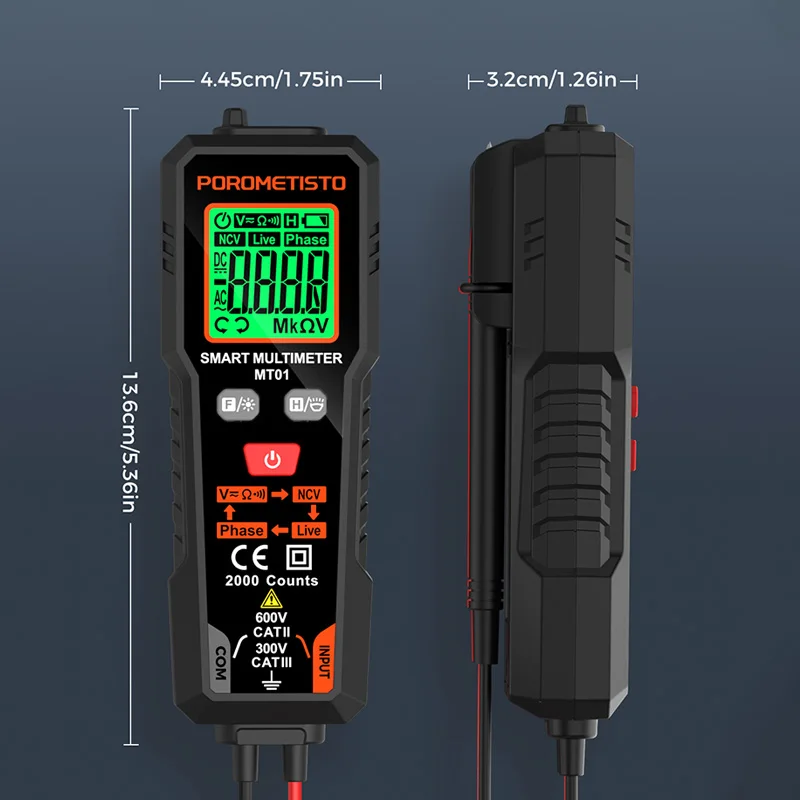 POROMETISTO MT01 Smart Digital Multimeter AC/DC Voltage Resistance Continuity Measurement Tester NCV Multimeter with Backlight 5