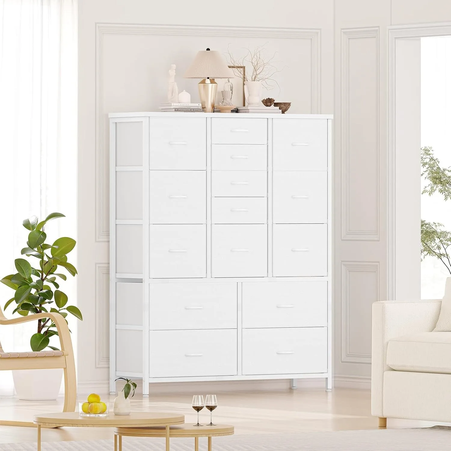 15 Drawers Dresser, Tall Dressers, Large Chests of Drawers, Fabric Storage Dresser Organizer Unit (White Wood Grain Print) 2