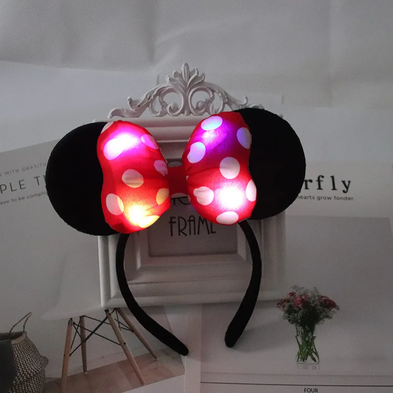 Bandeau lumineux LED Minnie Mouse pour enfants, accessoires pour cheveux, lumières colorées, nœud à pois, oreilles, bandeau de sauna, flash, jouets