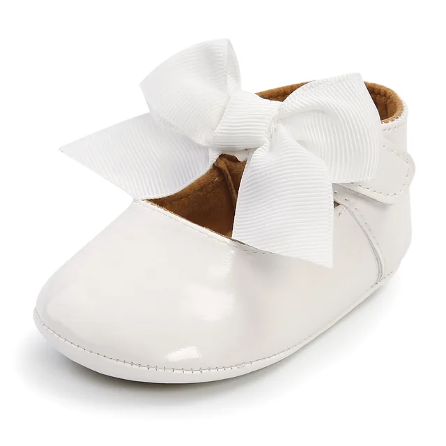 Newborn Baby Shoes Baby Boy Girl Shoes Girl Classic Bowknot Rubber Sole Anti-slip PU Dress Shoes First Walker Toddler Crib Shoes White