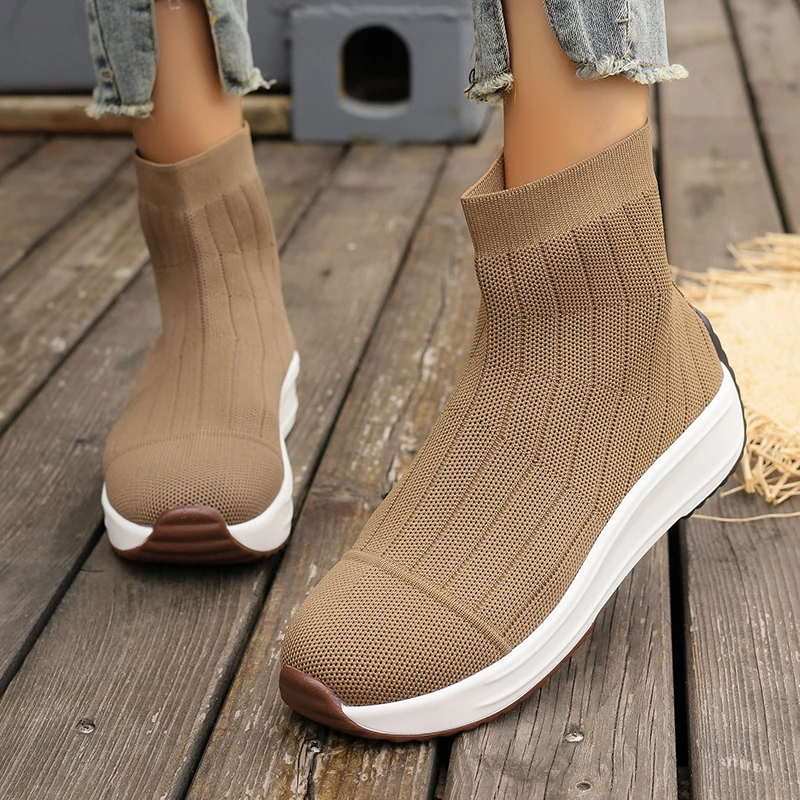 

New Flats Women Chelsea Boots Sock Ankle Platform Shoes Casual Winter Knitting Running Sports 2023 Ankle Walking Lady Zapatillas