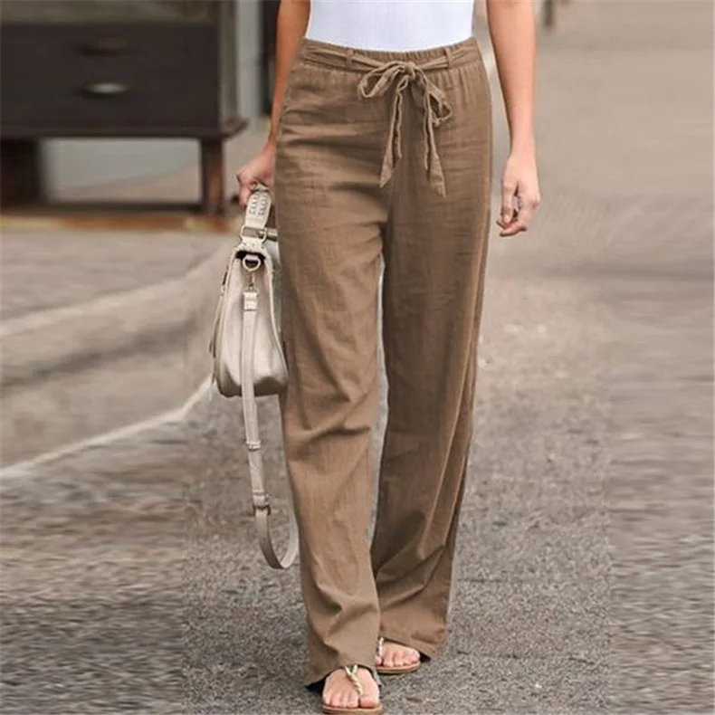 Summer New Women's Cotton Hemp Casual Wide Leg Pants Solid Color Elastic Waist Lacing Loose Pants
