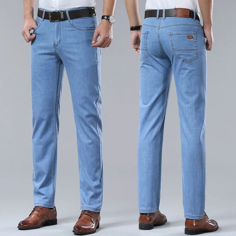 New Thin Denim Jeans Men's Blue Straight Stretch Cotton Pants High Quality Business Casual Lightweight Pants Summer Autumn 2