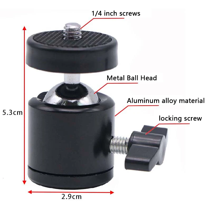 Mini Ball Head for 1/4 Tripod Aluminum Alloy 360 Degree Rotation with 0.25inch Threaded Base Plate for DSLR Camera Camcorder