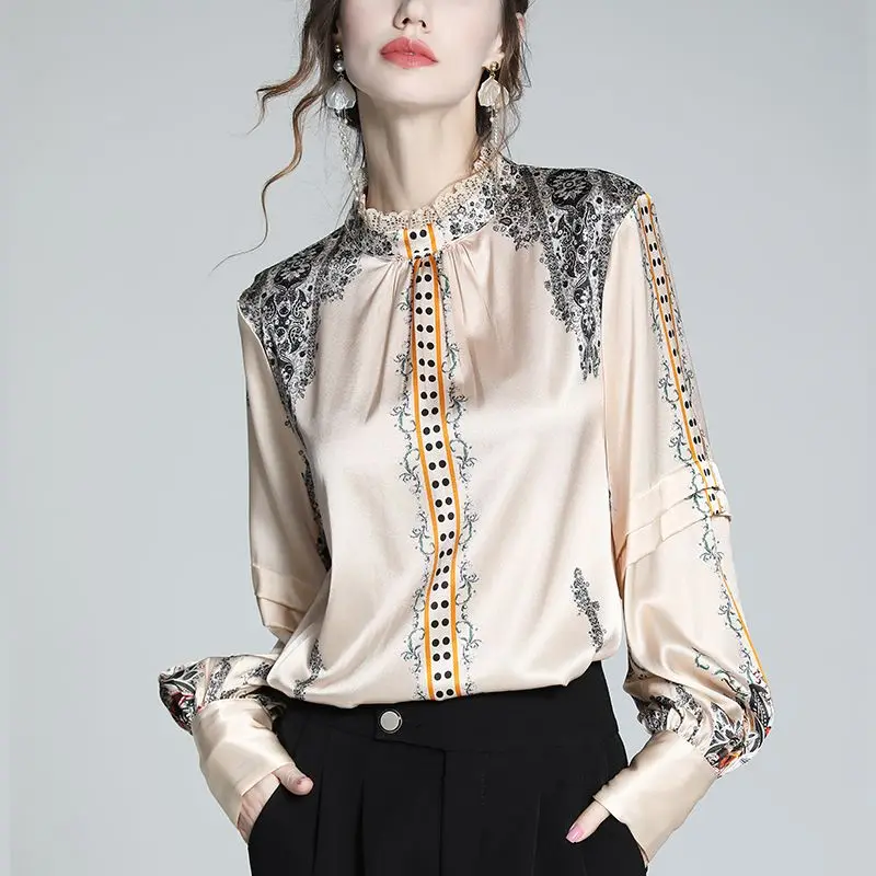 Silk Blouse Luxury Brand Designer Clothing Women Shirts Lace Collar Long Sleeve Vintage Office Lady Blouse Print Women Clothing