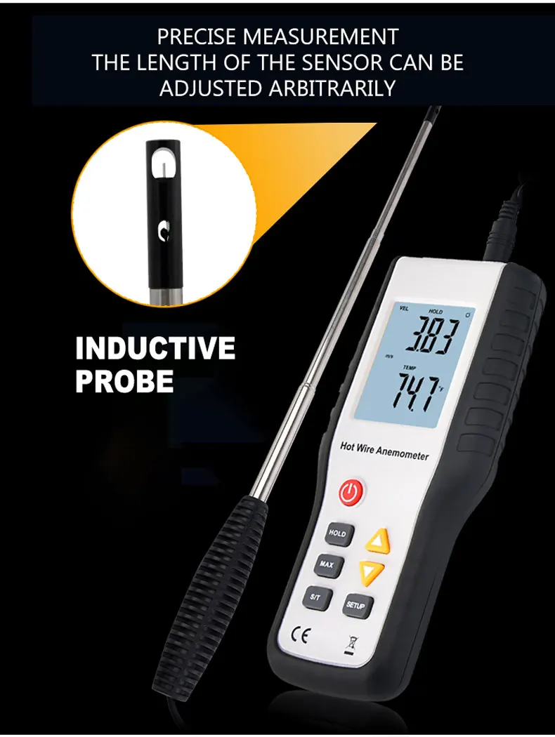 Description Picture 3 of itemHTI HT-9829 High Sensitivie Digital Portable Wind Speed Meter Hot Wire Thermal Anemometer Anemometro Measuring Instruments