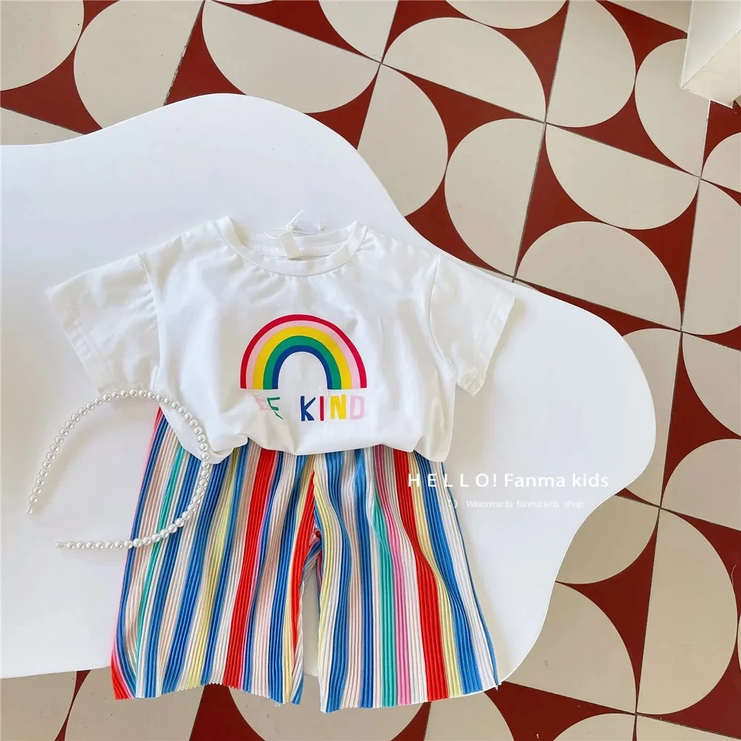 

Girls Summer Clothing Set 2023 New Korean Girls Baby Rainbow Short Sleeve T-shirt Colorful Wide Leg Pants 2PCS Children's Set
