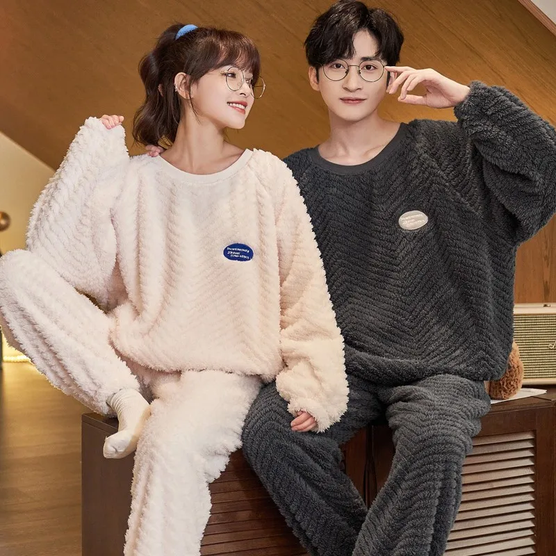 Winter and Autumn Couple Pijamas Set For Men Women Coral Fleece O Neck Homewear Man Pjs Female Pijamas Suit Pyjamas Home Clothes
