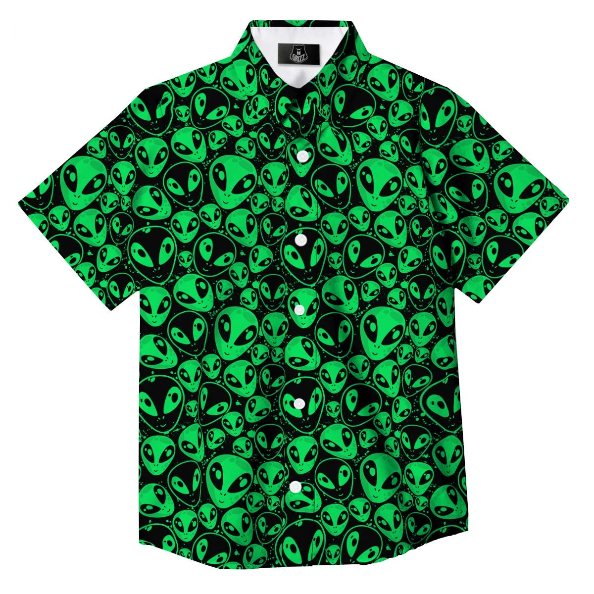Hawaiian Shirts for Men Alien Head Print Green and Black Shirts Beach Short Sleeve Summer Casual Button Up Hawaii