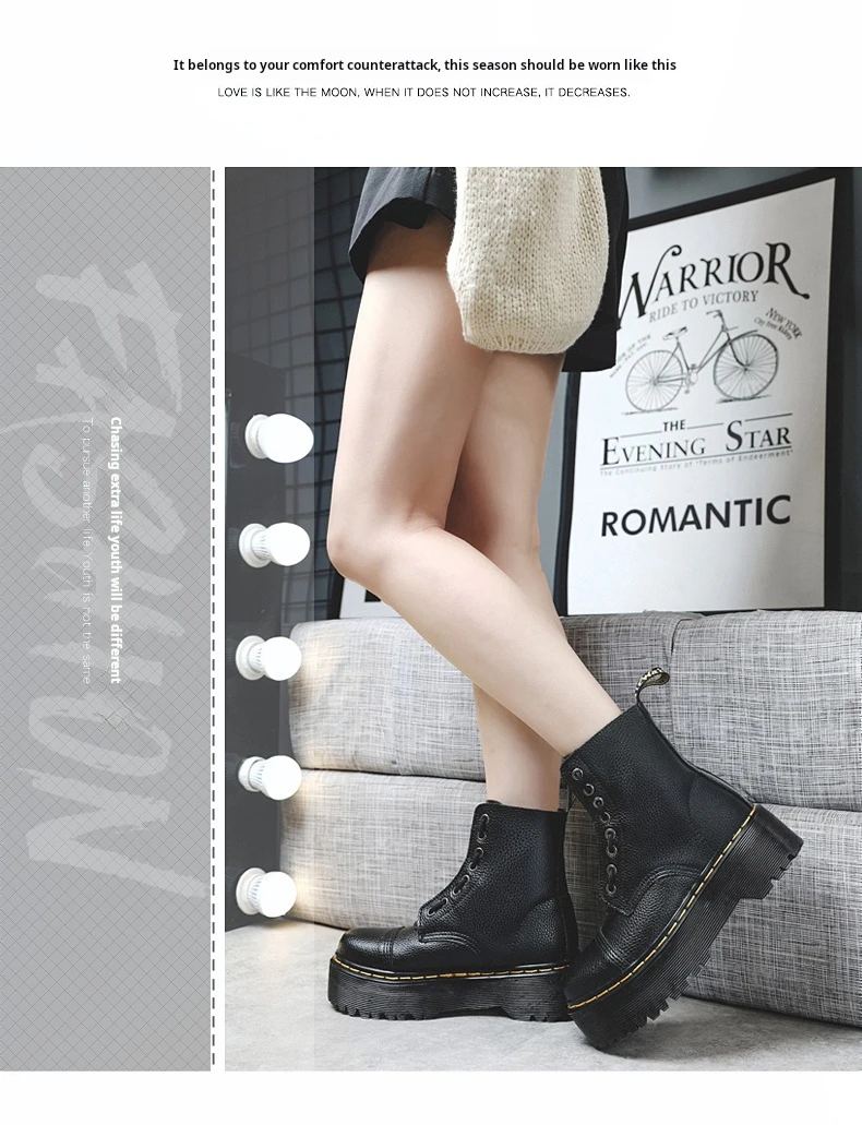 Women Leather Boots - Retro Platform Motorcycle Ankle Boots With Front Zipper