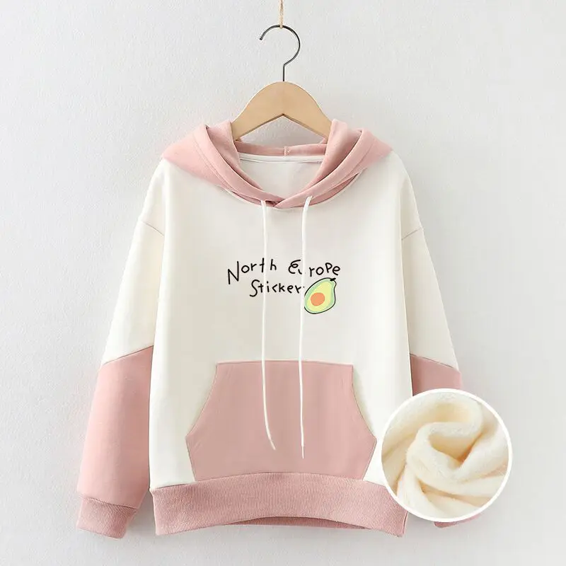 Harajuku Sweet Sweatshirt Hoodies Cartoon Cat Printed Hooded Women Winter Thick Warm Female Cute Kawaii Tops Tracksuit